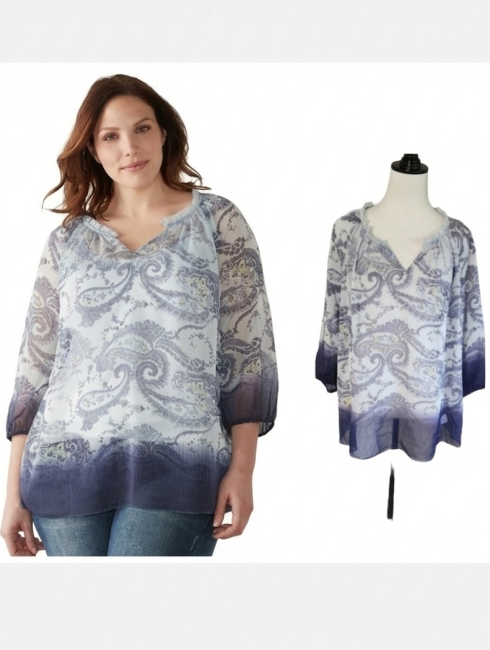 Croft & Borrow Ombre Blue peasant blouse paisley pattern women's plus size 1X